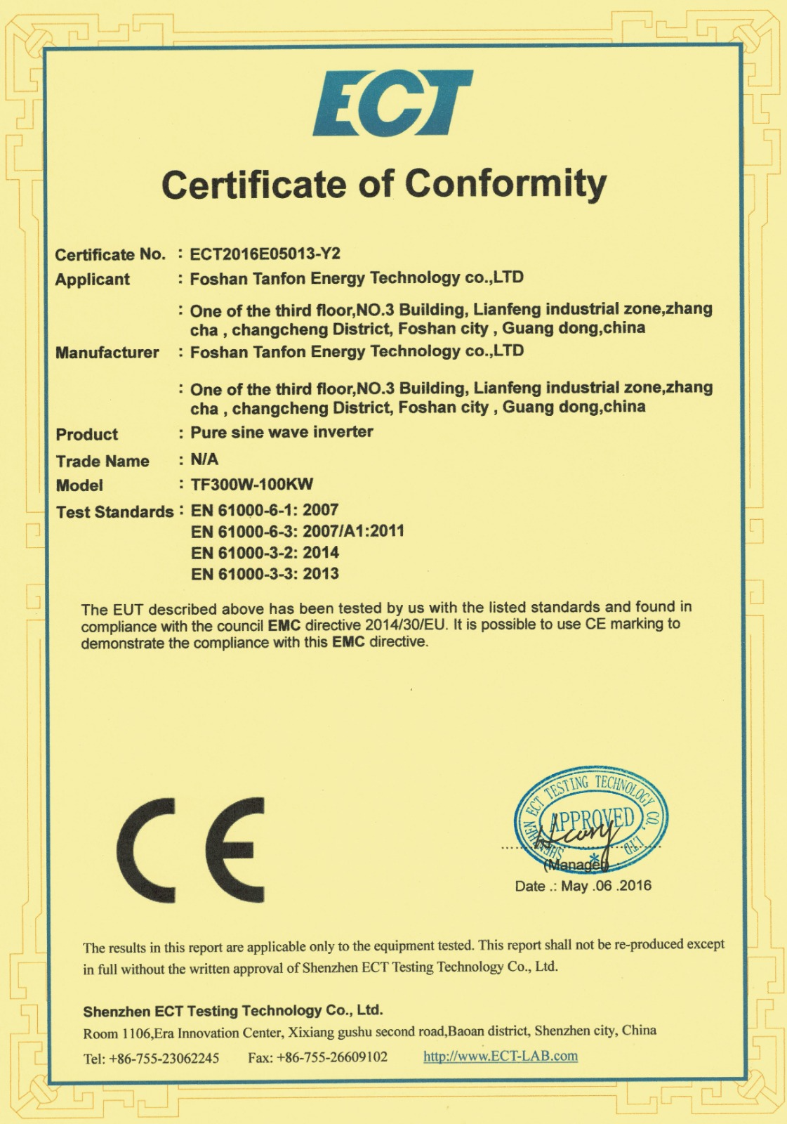 ECT Certificate of Conformity