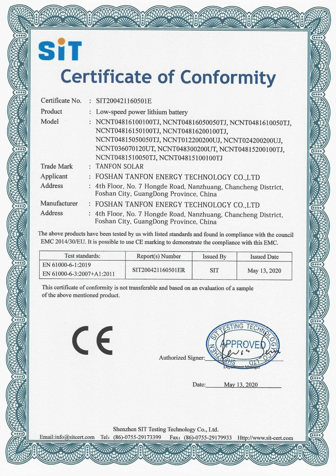 SIT Certificate of Conformity