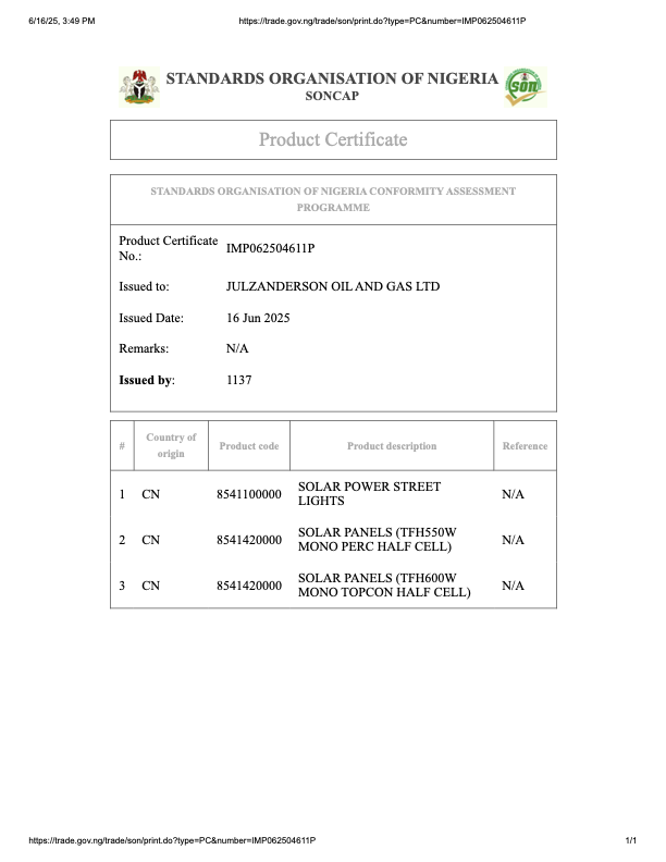 Product Certificate