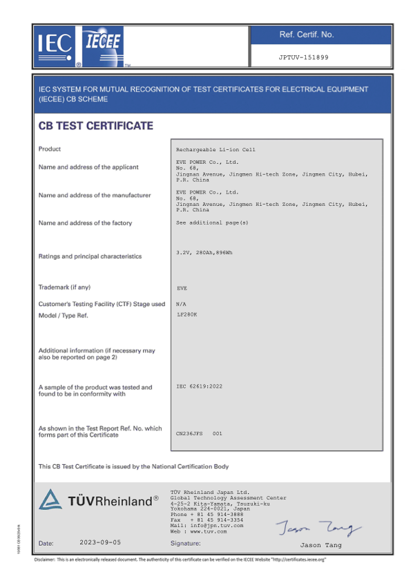 IEC62619 Certificate of Lithium Battery